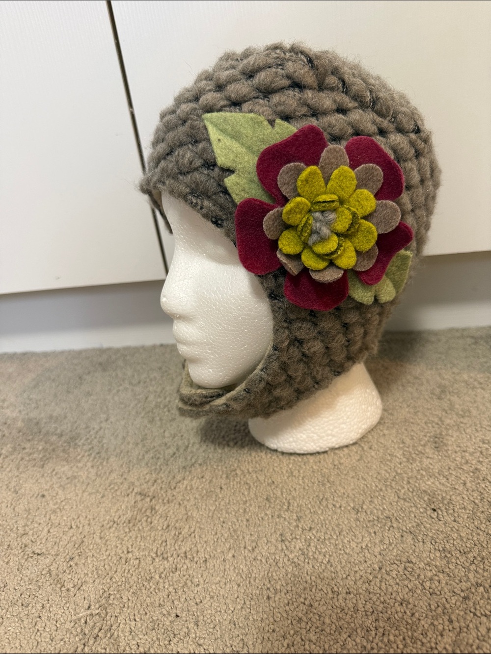 Tuff Kookoshka Chunky Kids Knit Earflap Beanie with Floral Accent - Taupe